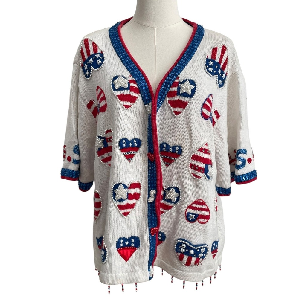 Vtg BEREK Sweater‎ Cardigan XL Beaded Patriotic USA American Flag Heart RARE